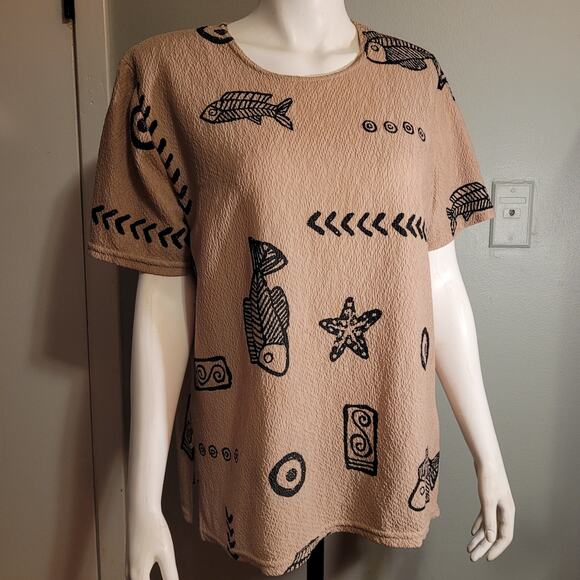 Vtg 80s Vejaiz Crinkle Gauze Shirt Fish Print Shoulder Pads Oversized Boxy Top - Picture 10 of 10